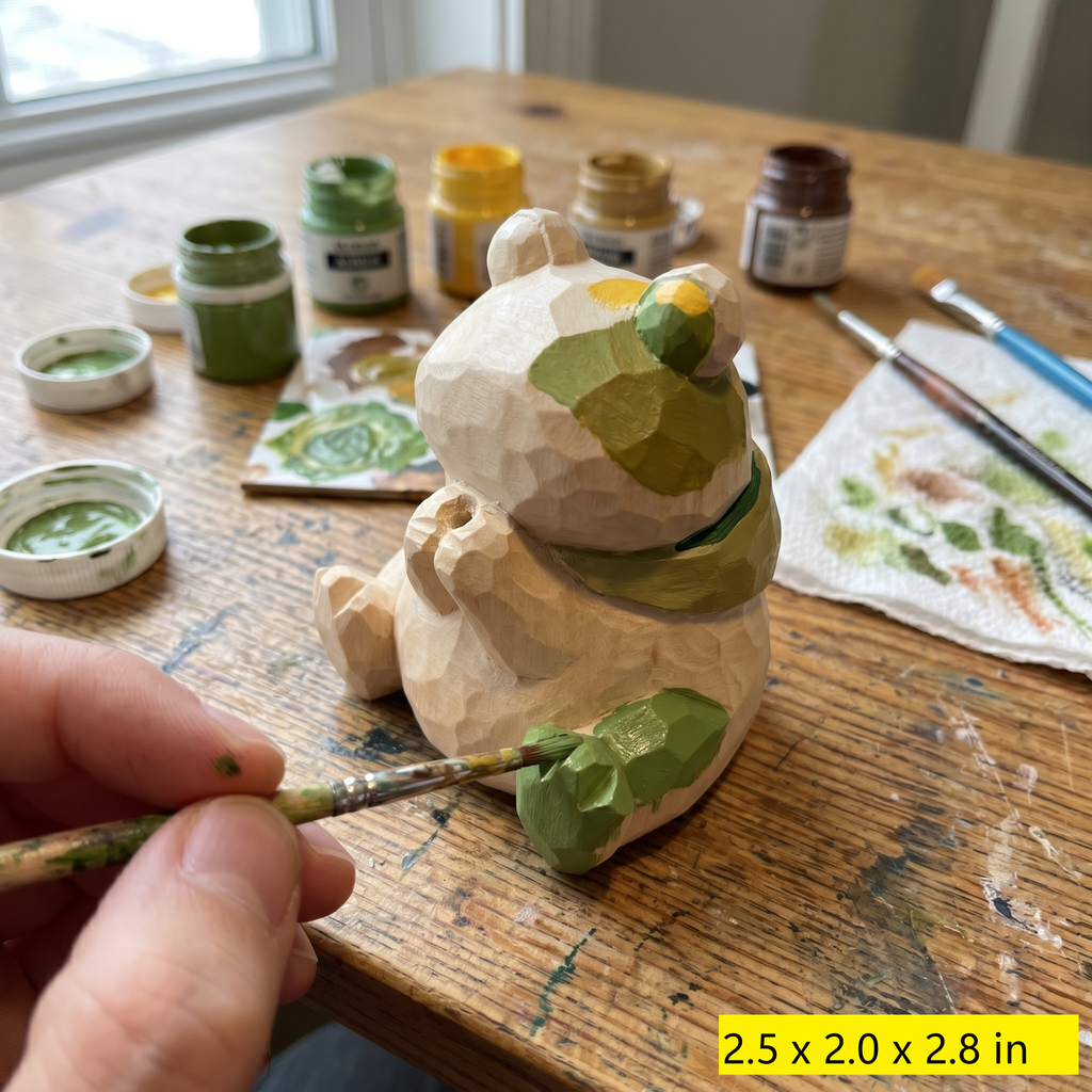 DIY Frog Painting Kit with Acrylics | Carved Wood Style Frog Statue | Unpainted Faux Wood Animal Desk Decor
