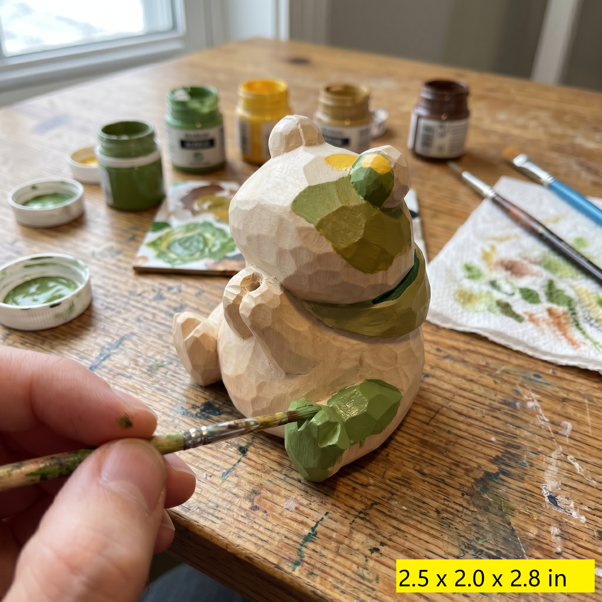 DIY Frog Painting Kit with Acrylics | Carved Wood Style Frog Statue | Unpainted Faux Wood Animal Desk Decor