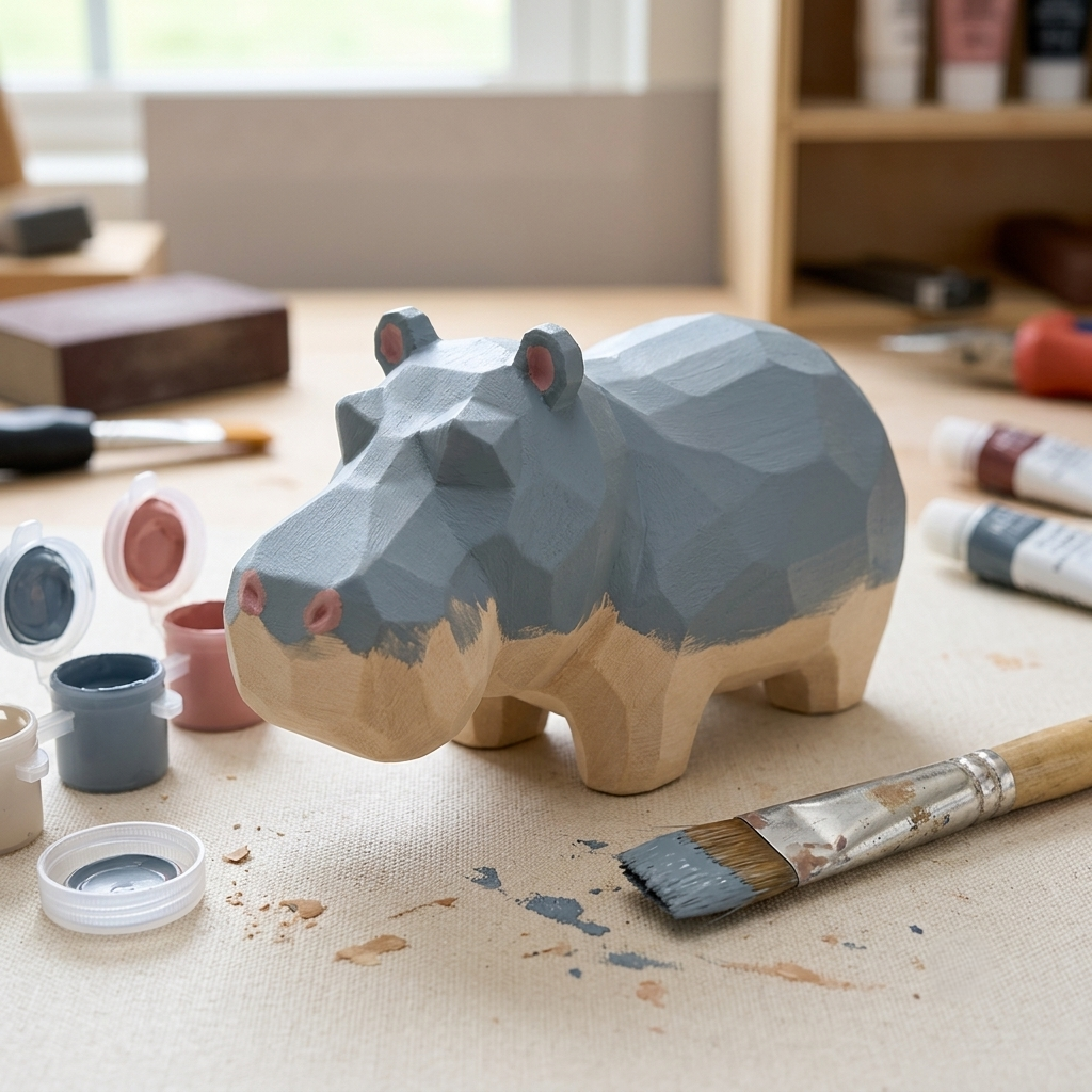 Cute Hippo DIY Paint Kit | Wood PLA Hippopotamus Figurine to Paint | Safari Animal Craft Kit | Paint Your Own Animal