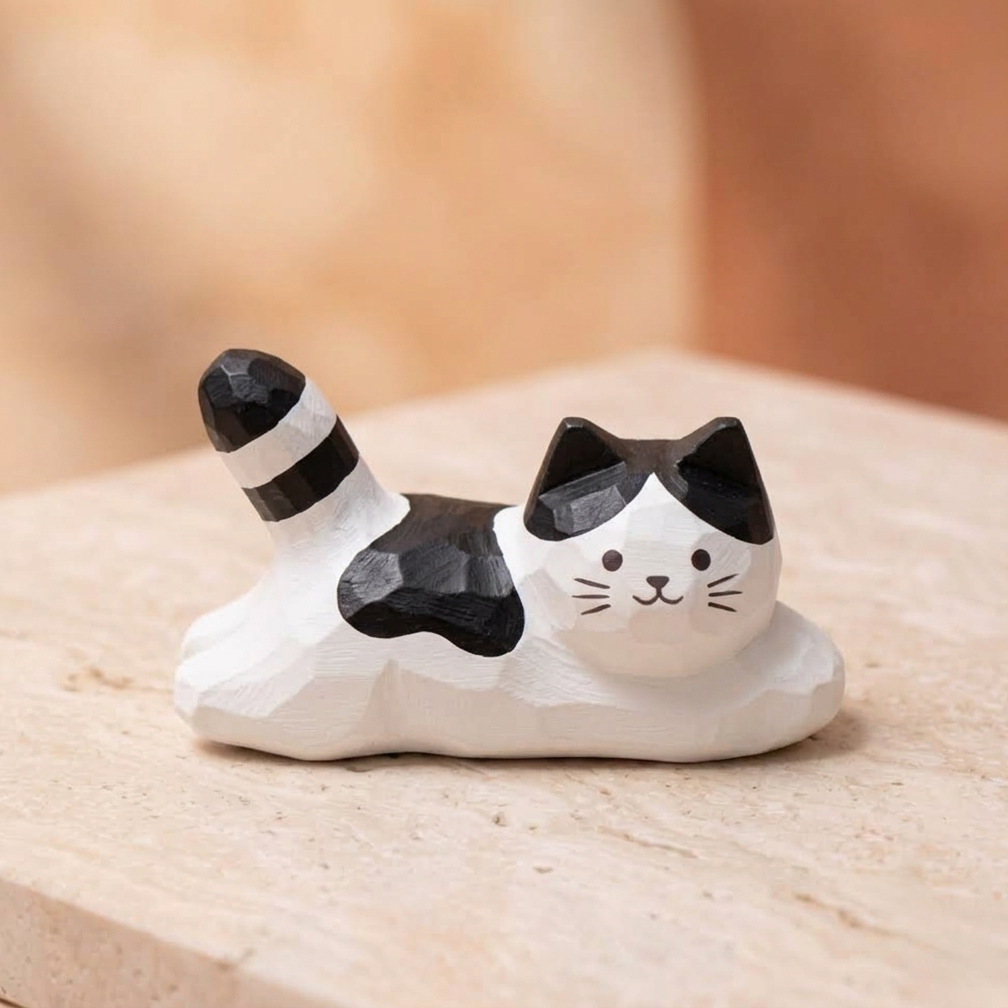 DIY Lazy Cat Figurine Painting Kit - Unpainted Wood PLA Lying Kitty Craft Set for Adults & Kids