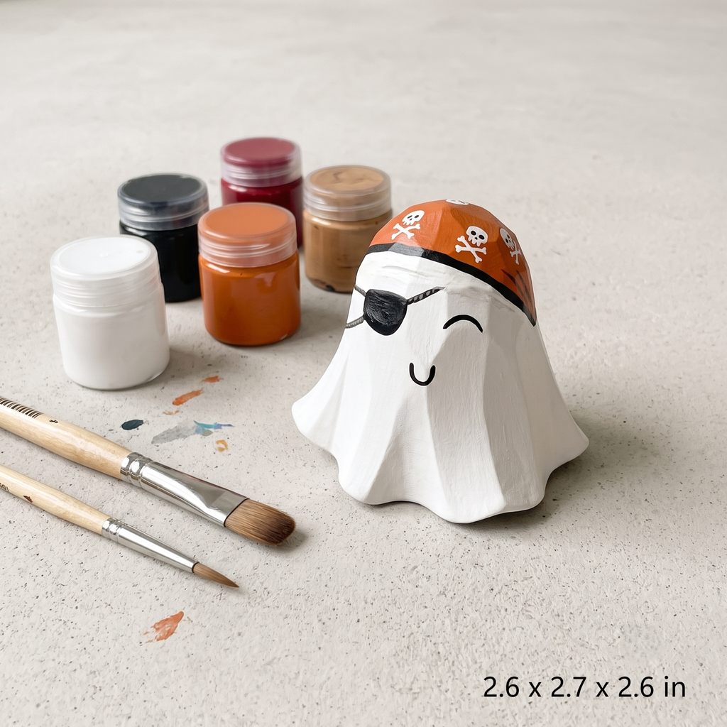 Cute Halloween Craft Gift | Paint Your Own Cute Little Ghost Figurine | Carved Wood Style Decor
